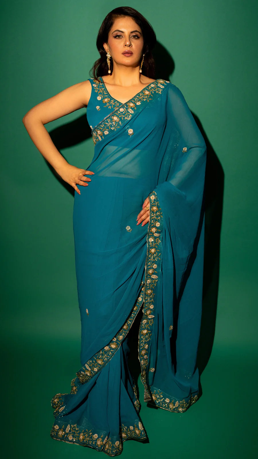 Peacock Blue  Hand Embroidered Saree Organza And Matching Floral Embroidered Blouse