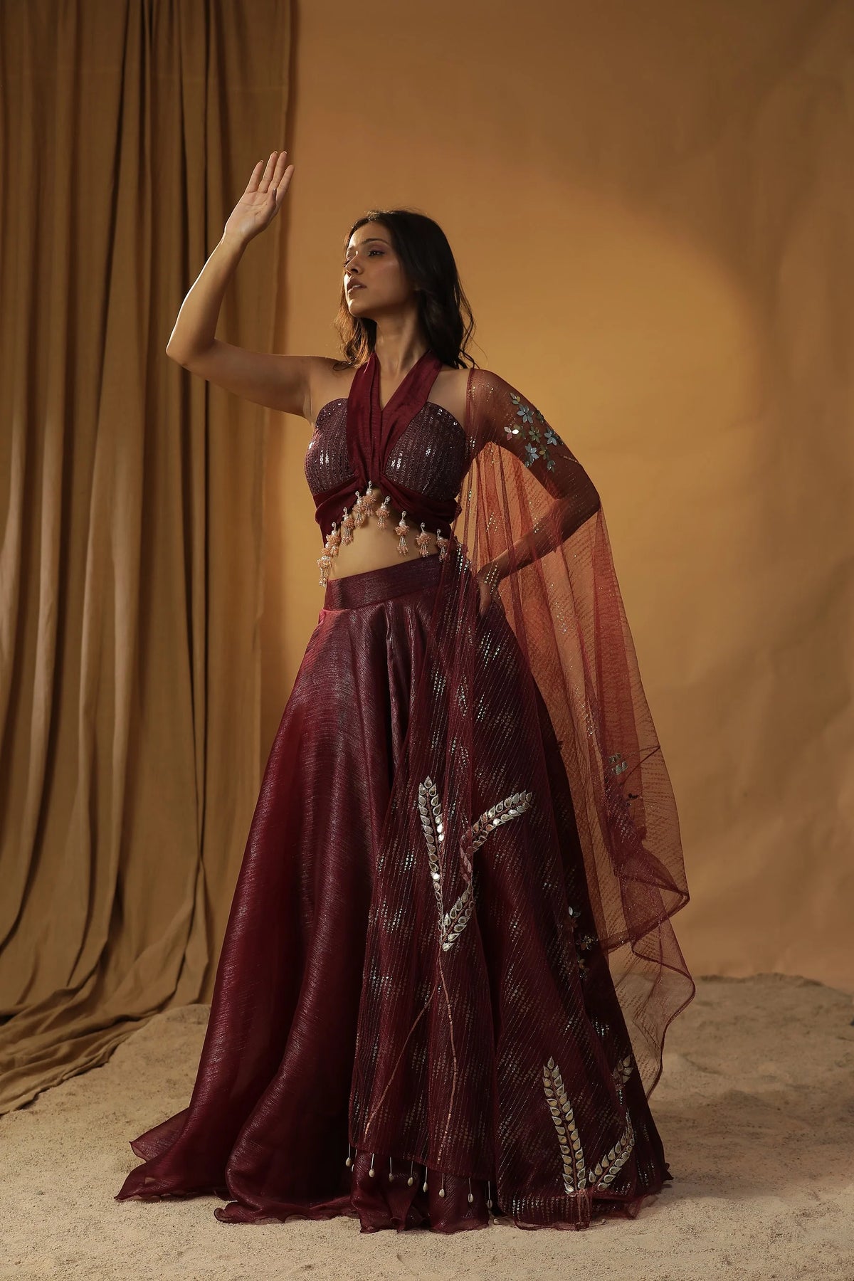 Mehroon Organza Lehenga Set