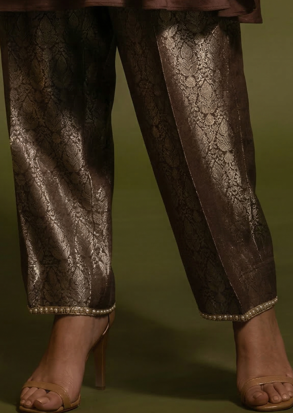 Brown Pitta Work & Zardozi Silk Kaftan Set