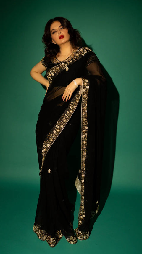 Black Hand Embroidered Saree Organza And Matching Floral Embroidered Blouse -Set of 2