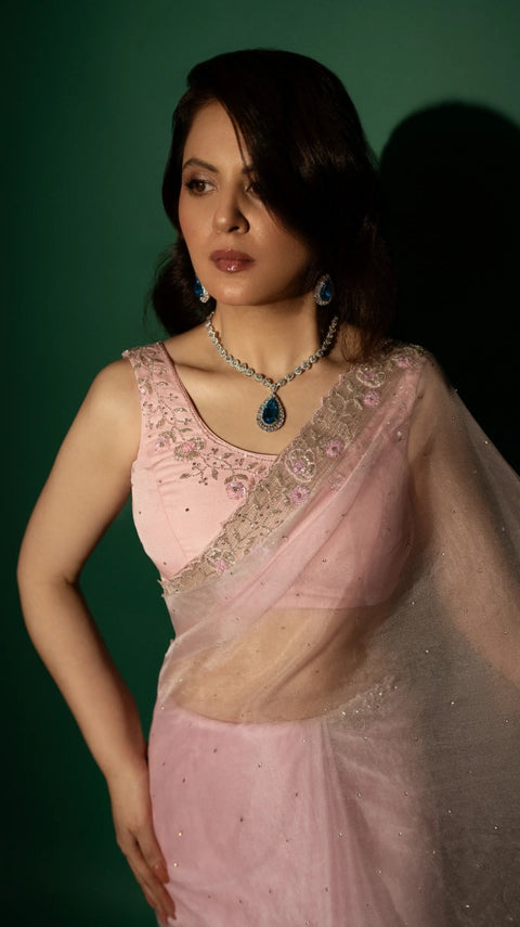 Baby Pink Hand Embroidered Saree Organza And Matching Floral Embroidered Blouse - Set of 2