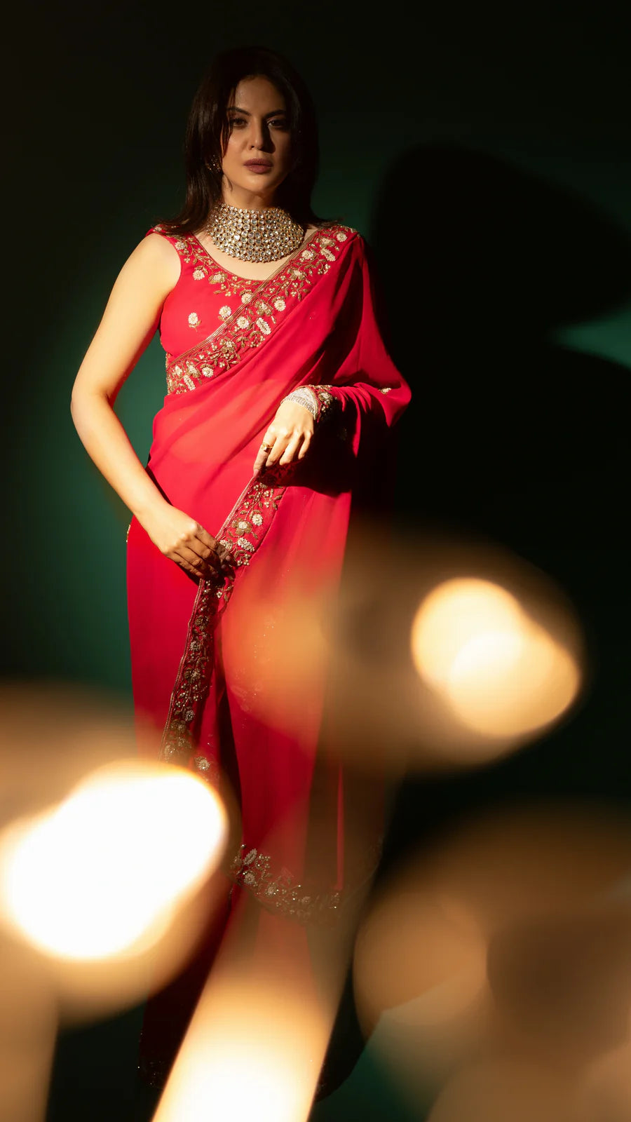 Pink Hand Embroidered Saree Organza And Matching Floral Embroidered Blouse