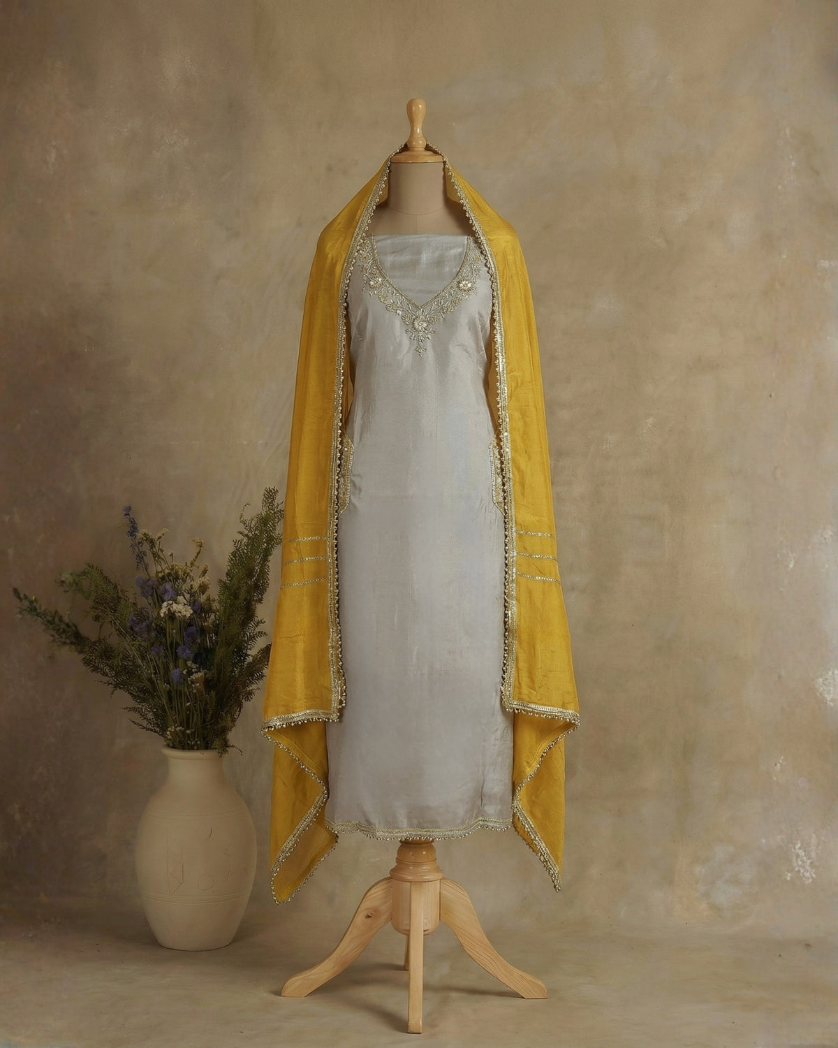 Pure Organza Silk Suit With Contrast Yellow Bottom And Pure Dupatta