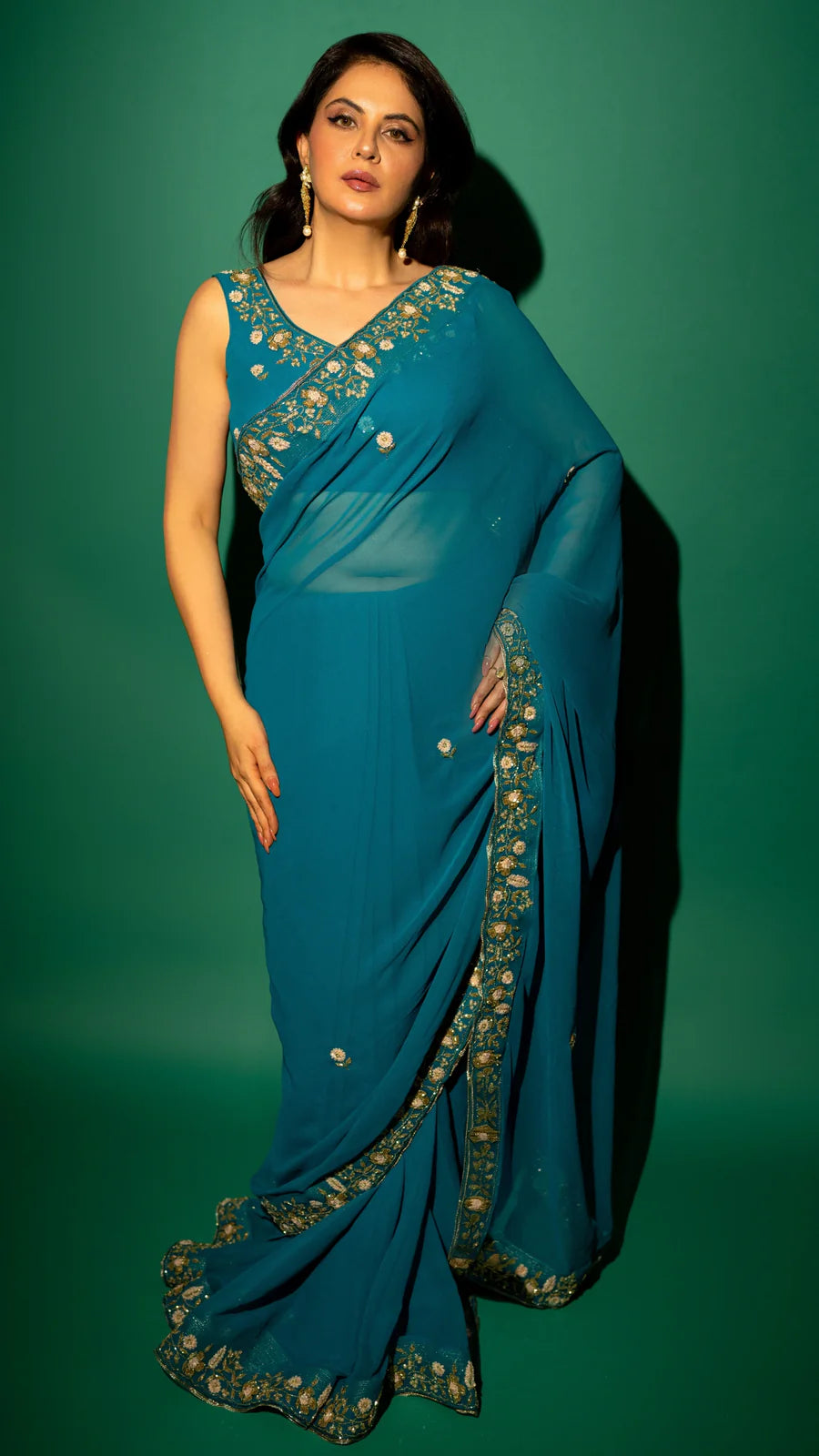 Peacock Blue  Hand Embroidered Saree Organza And Matching Floral Embroidered Blouse