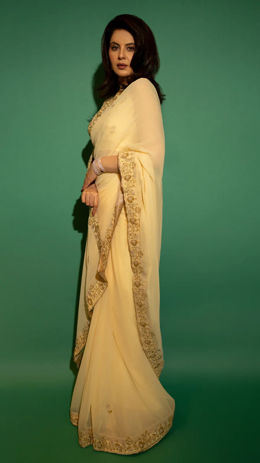 Yellow Hand Embroidered Saree Organza And Matching Floral Embroidered Blouse