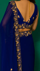Navy Blue Hand Embroidered Saree Organza And Matching Floral Embroidered Blouse