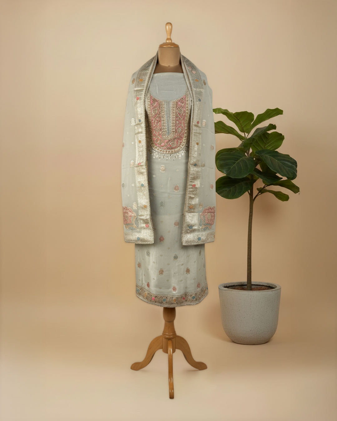 Pure Silk Jacquard Suit With Dabka Hand Embroidery