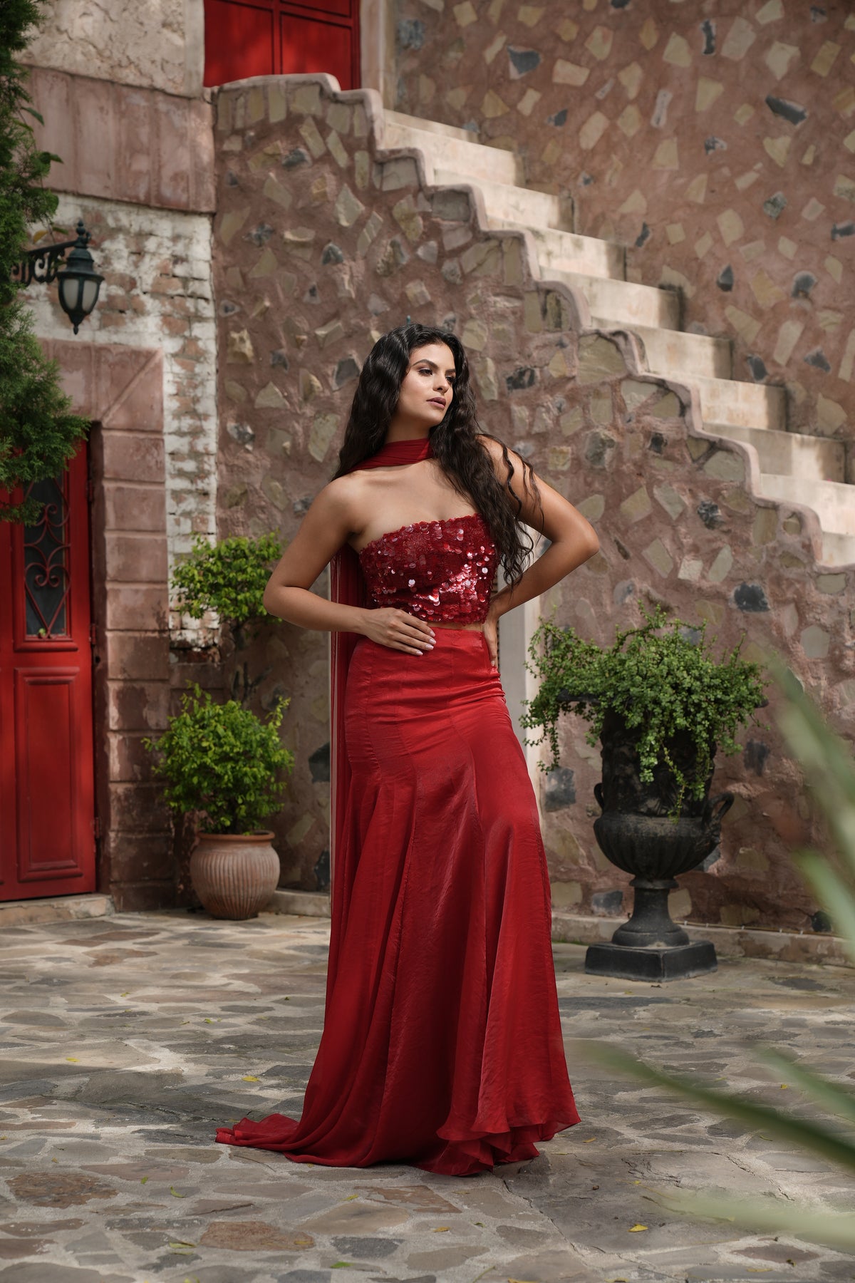 Red Embroidered Corset Fishcut Skirt