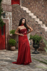 Red Embroidered Corset Fishcut Skirt