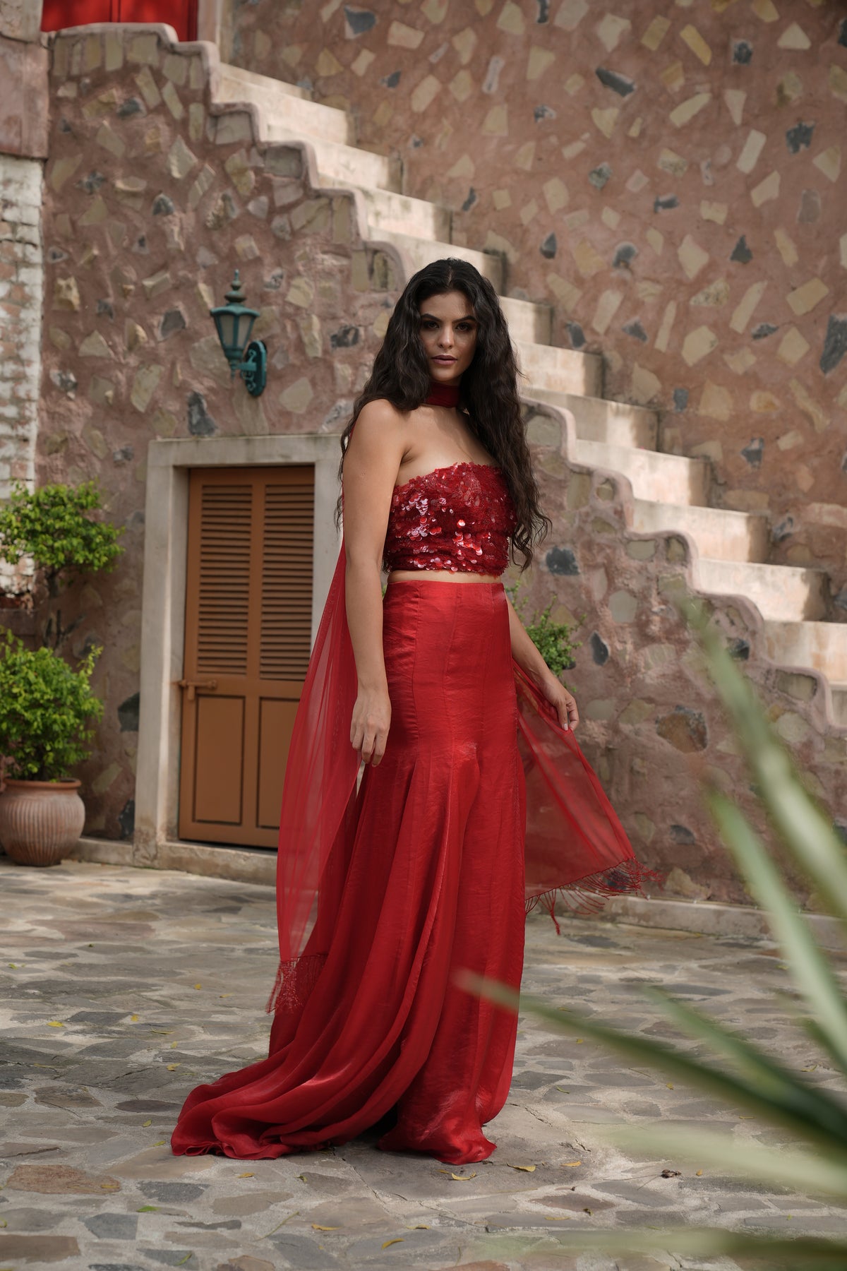 Red Embroidered Corset Fishcut Skirt