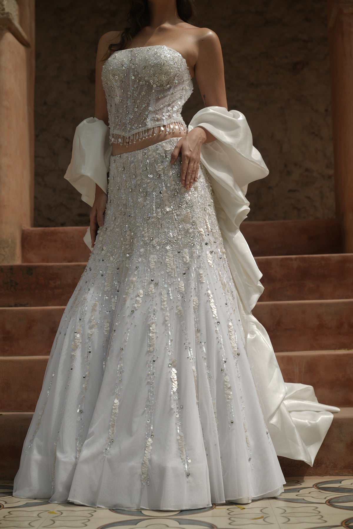 White Embroidered Corset Fishcut Lehenga Set