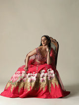 Hot Pink Raw Silk Hand Painted Flower Lehenga Set