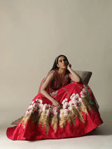Hot Pink Raw Silk Hand Painted Flower Lehenga Set