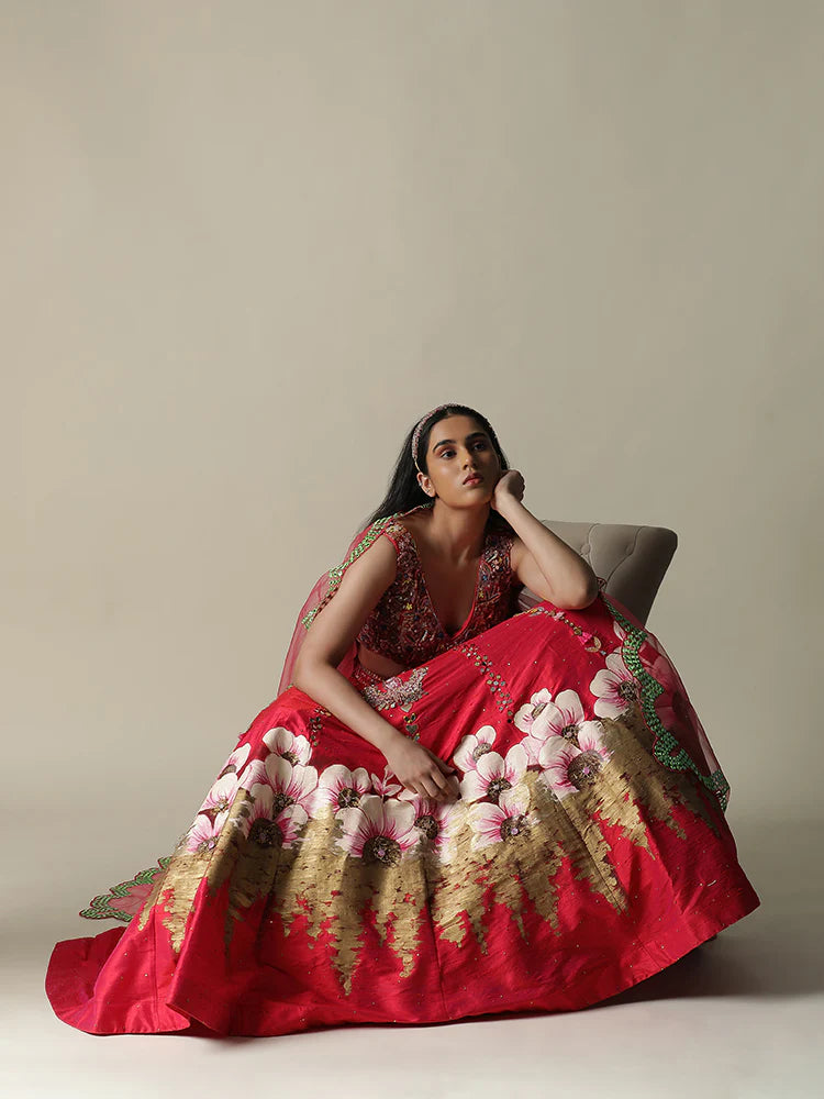 Hot Pink Raw Silk Hand Painted Flower Lehenga Set
