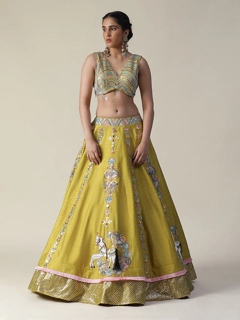 Pear Yellow Raw Silk Heavy Embroidered Lehenga Set