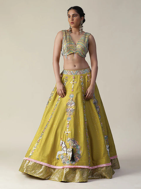 Pear Yellow Raw Silk Heavy Embroidered Lehenga Set