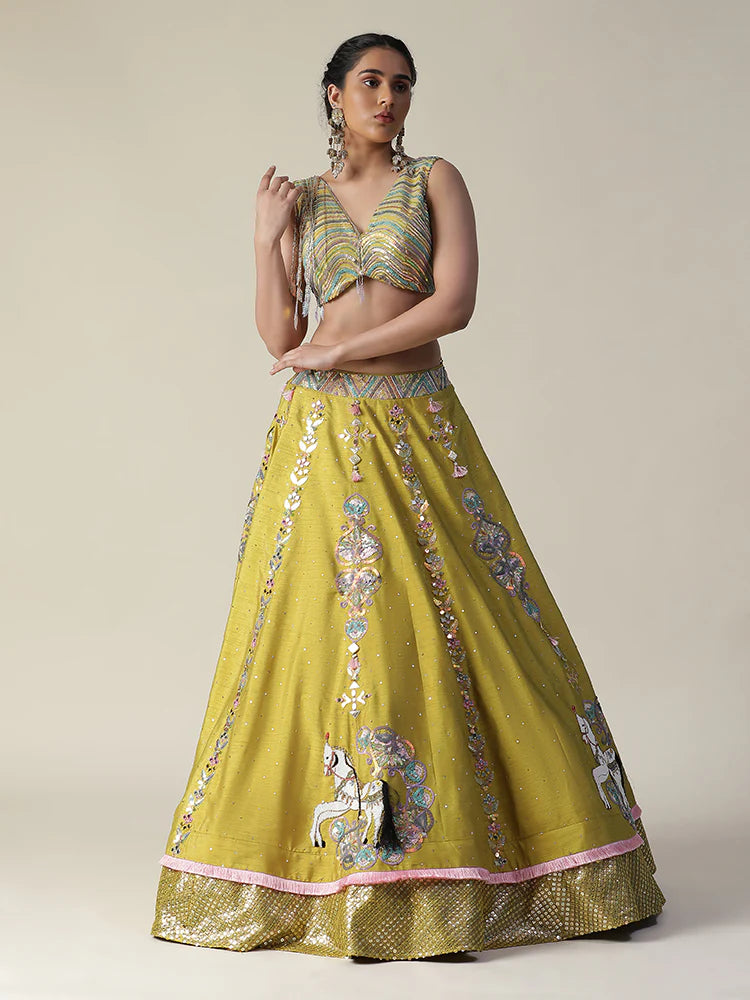Pear Yellow Raw Silk Heavy Embroidered Lehenga Set