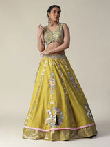 Pear Yellow Raw Silk Heavy Embroidered Lehenga Set