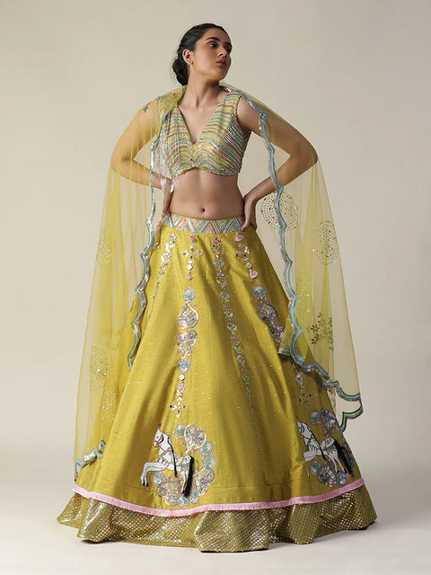 Pear Yellow Raw Silk Heavy Embroidered Lehenga Set