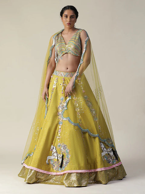 Pear Yellow Raw Silk Heavy Embroidered Lehenga Set