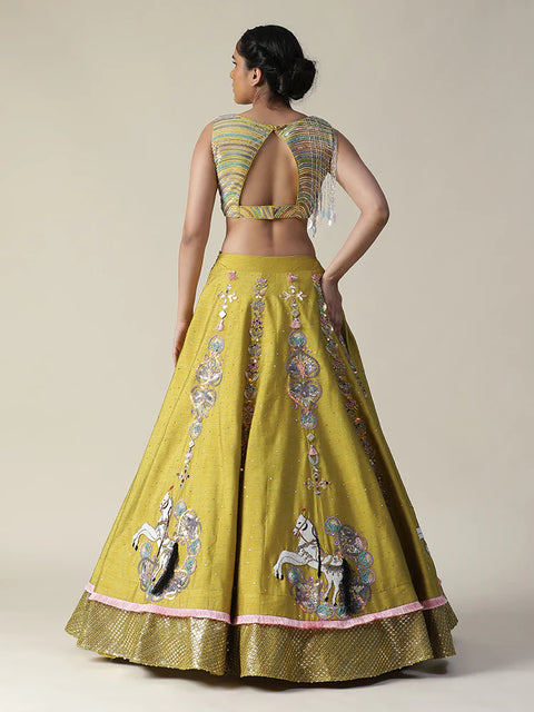 Pear Yellow Raw Silk Heavy Embroidered Lehenga Set