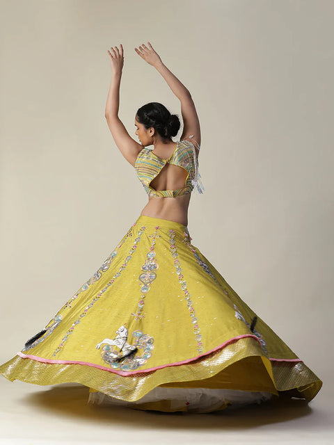 Pear Yellow Raw Silk Heavy Embroidered Lehenga Set