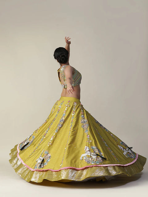Pear Yellow Raw Silk Heavy Embroidered Lehenga Set