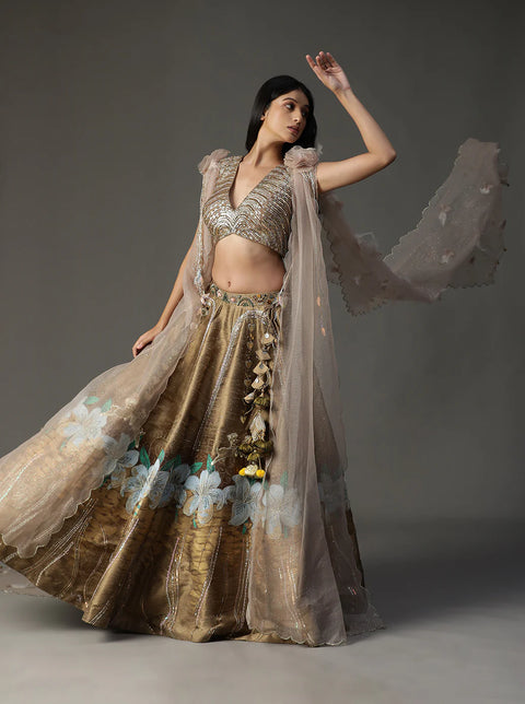 Gold Handpainted Lehnga Set