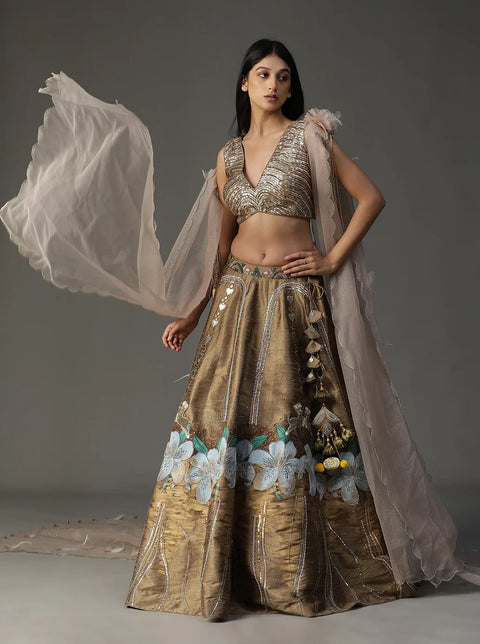 Gold Handpainted Lehnga Set