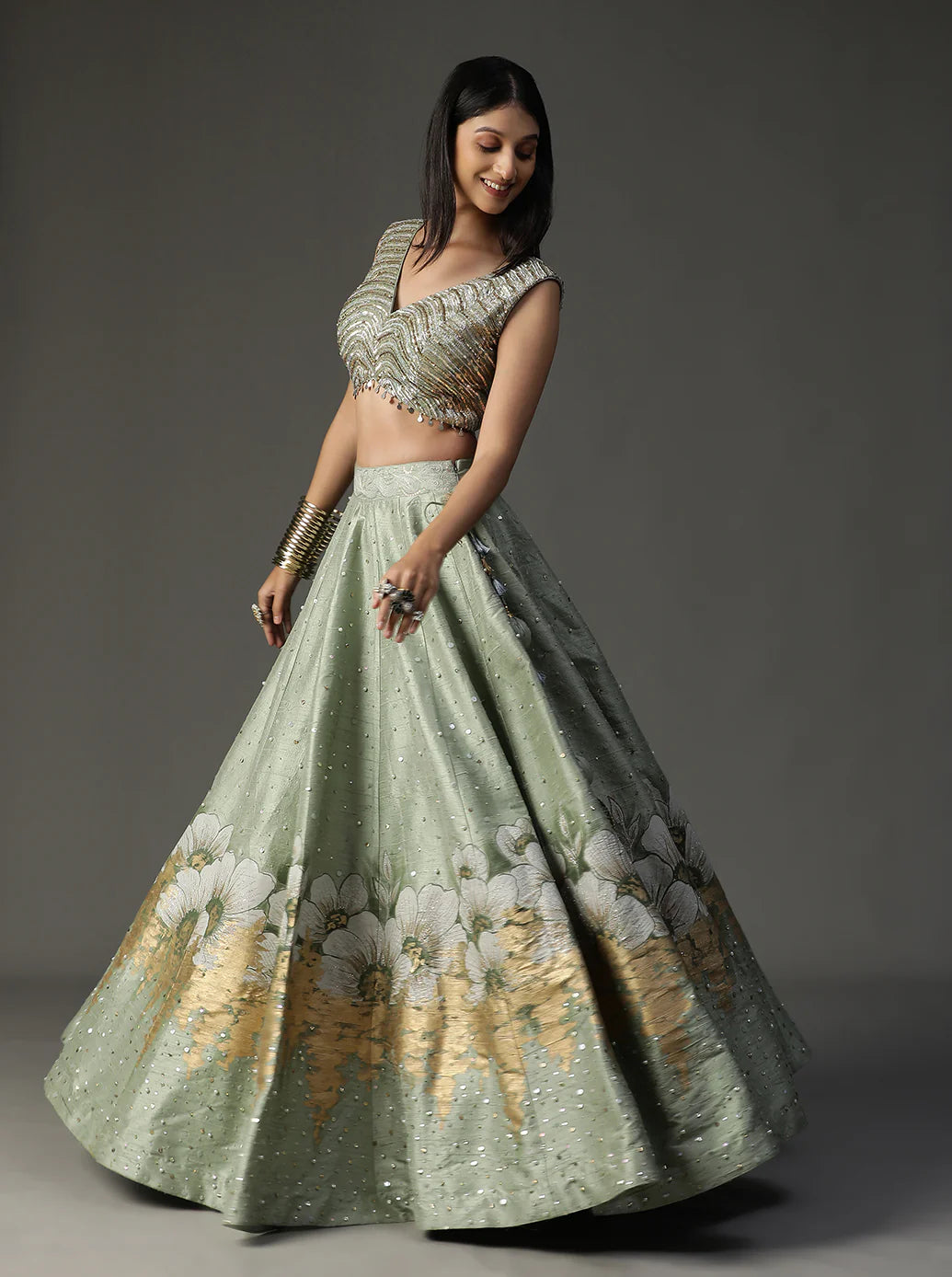 Sea Green Hanpainted Lehnga Set