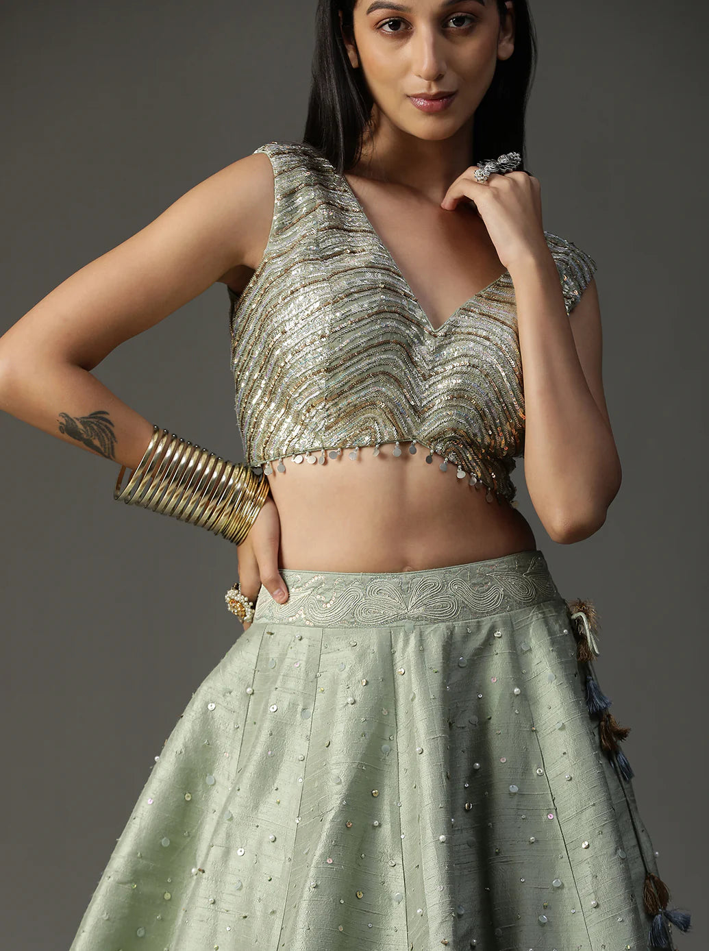 Sea Green Hanpainted Lehnga Set