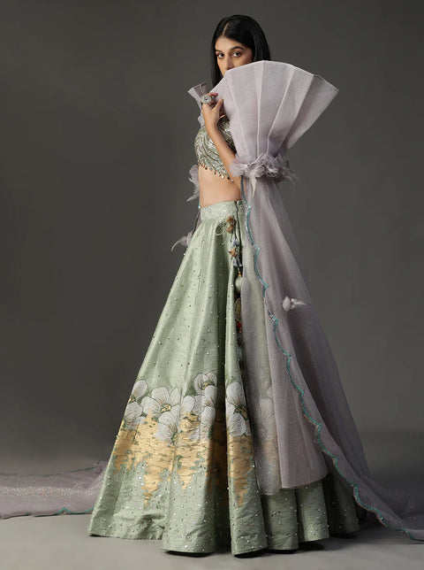 Sea Green Hanpainted Lehnga Set
