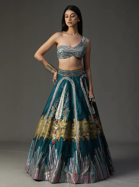 Teal Blue Handpainted Lehnga Set