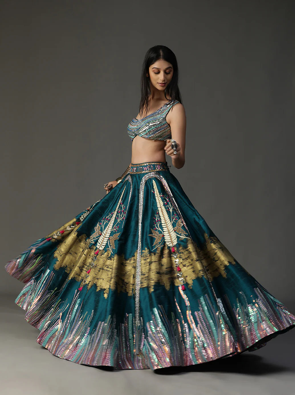 Teal Blue Handpainted Lehnga Set