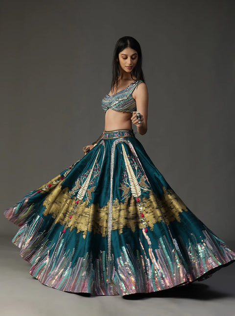 Teal Blue Handpainted Lehnga Set