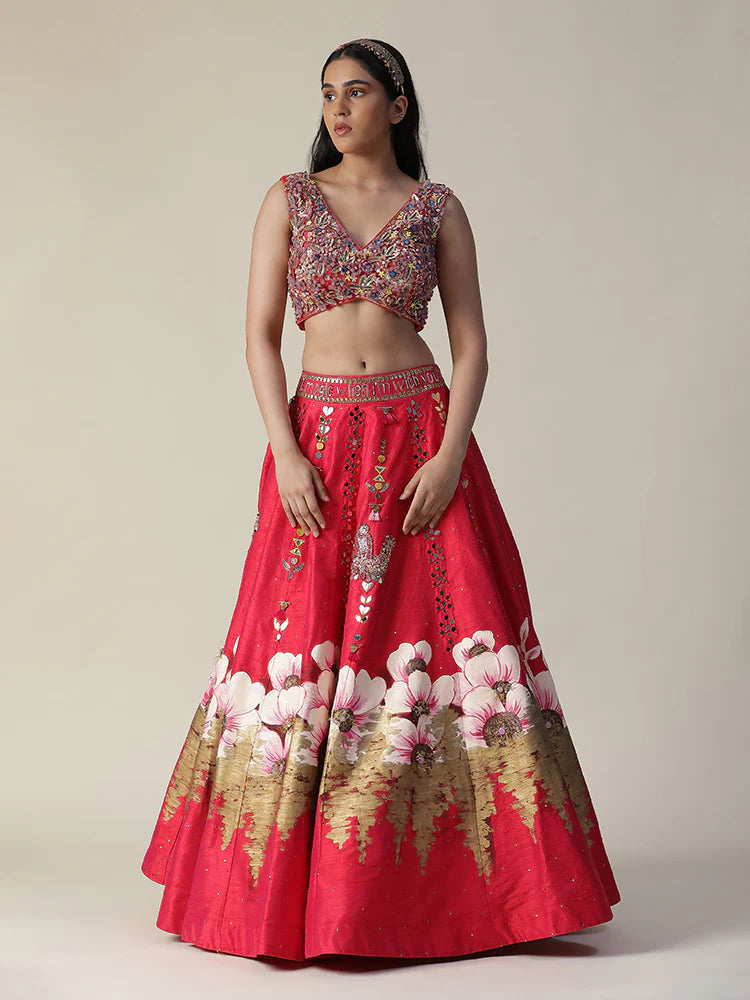 Hot Pink Raw Silk Hand Painted Flower Lehenga Set