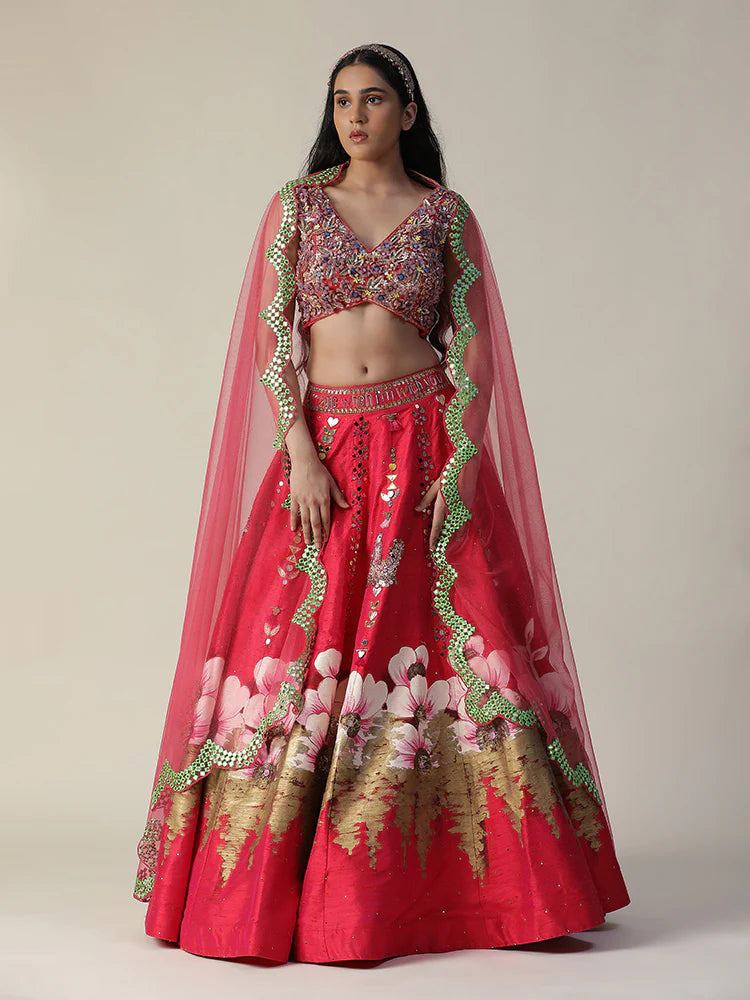 Hot Pink Raw Silk Hand Painted Flower Lehenga Set