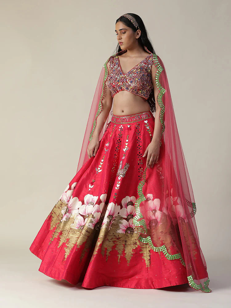 Hot Pink Raw Silk Hand Painted Flower Lehenga Set