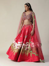 Hot Pink Raw Silk Hand Painted Flower Lehenga Set