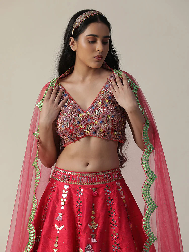 Hot Pink Raw Silk Hand Painted Flower Lehenga Set