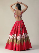 Hot Pink Raw Silk Hand Painted Flower Lehenga Set