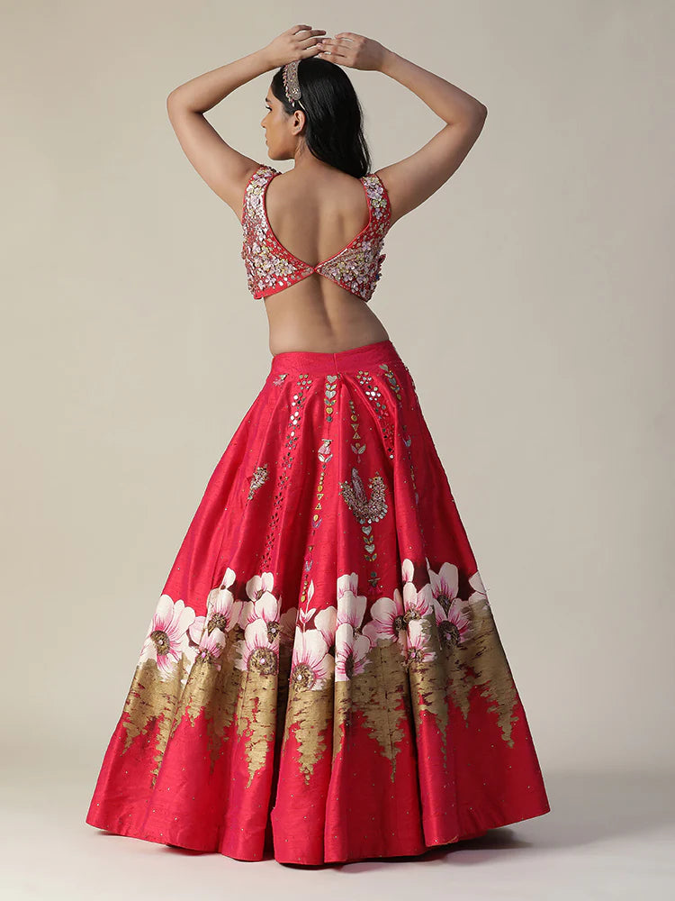 Hot Pink Raw Silk Hand Painted Flower Lehenga Set