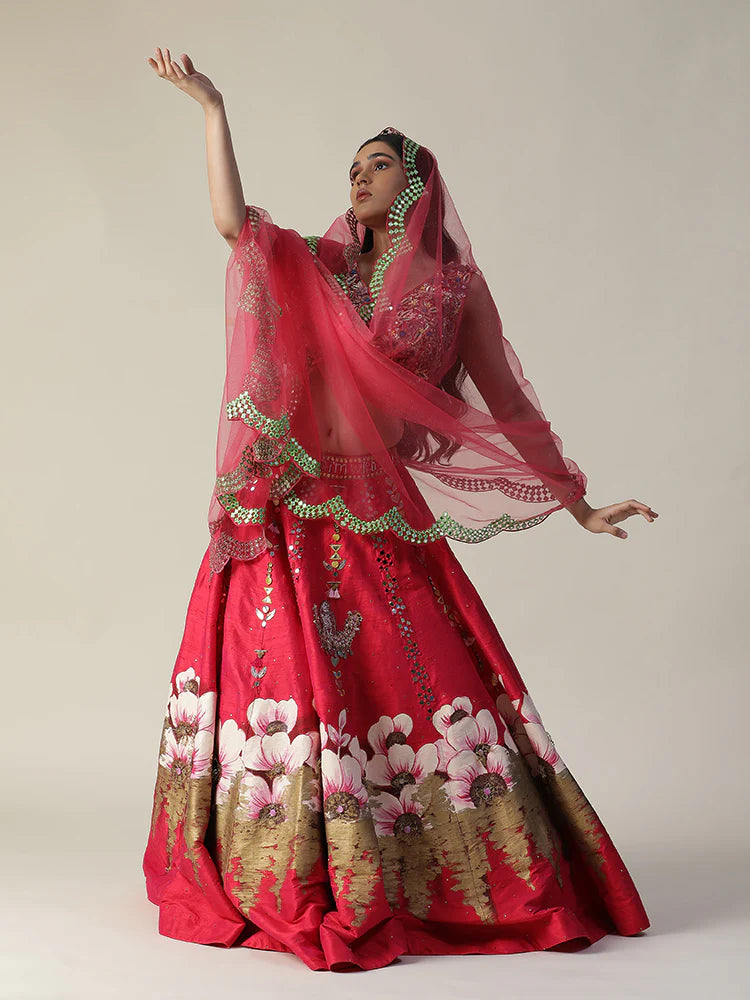 Hot Pink Raw Silk Hand Painted Flower Lehenga Set