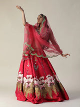 Hot Pink Raw Silk Hand Painted Flower Lehenga Set