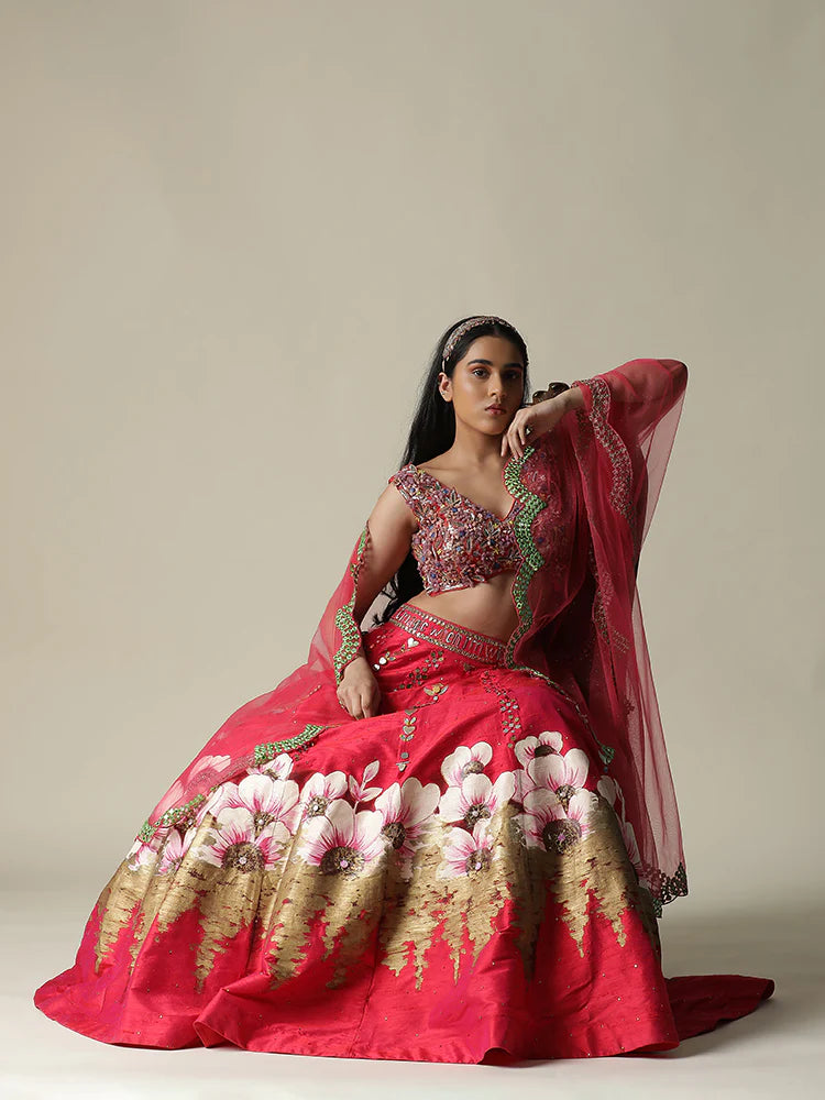 Hot Pink Raw Silk Hand Painted Flower Lehenga Set