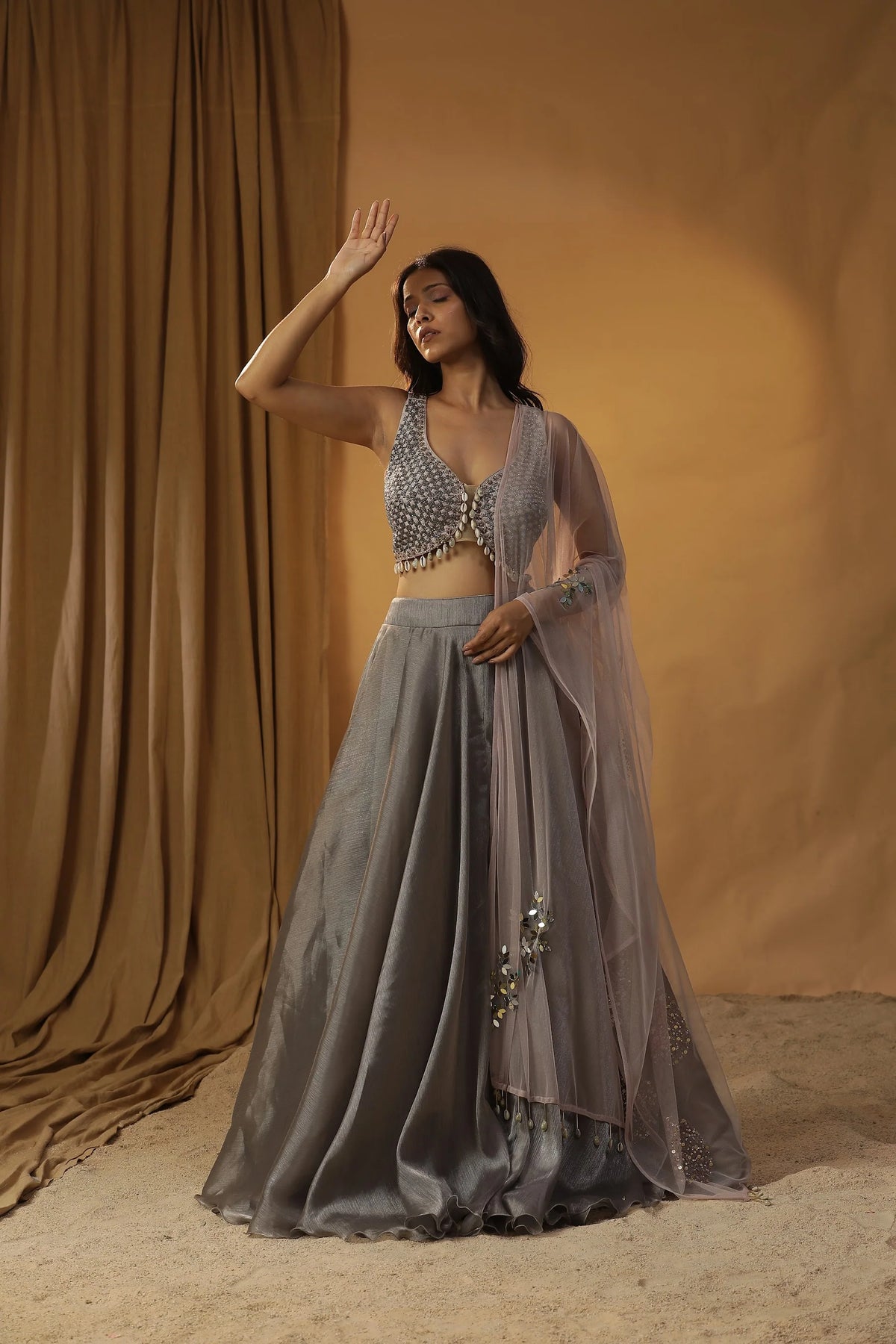 Grey Organza Lehenga Set
