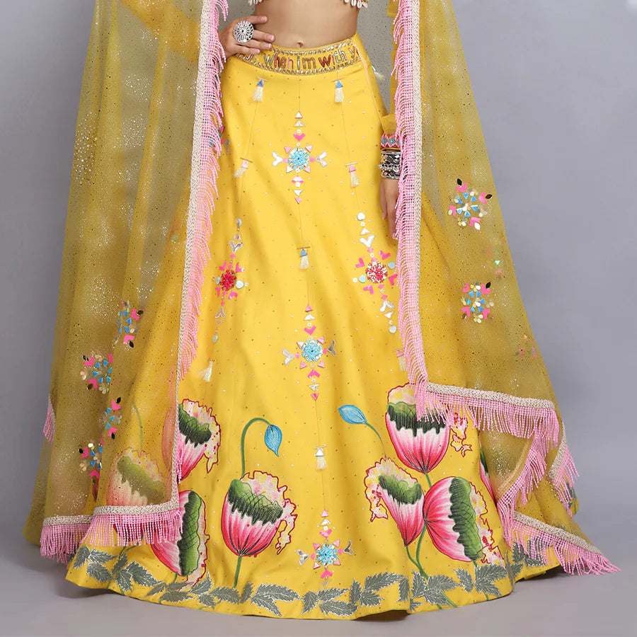 Tanya Narang In Canary Yellow Handpainted Lehenga Set