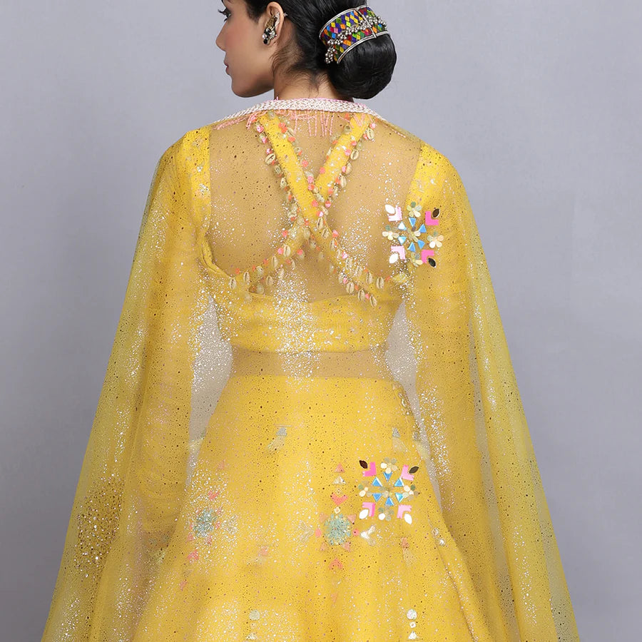 Tanya Narang In Canary Yellow Handpainted Lehenga Set