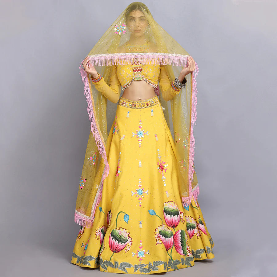 Tanya Narang In Canary Yellow Handpainted Lehenga Set