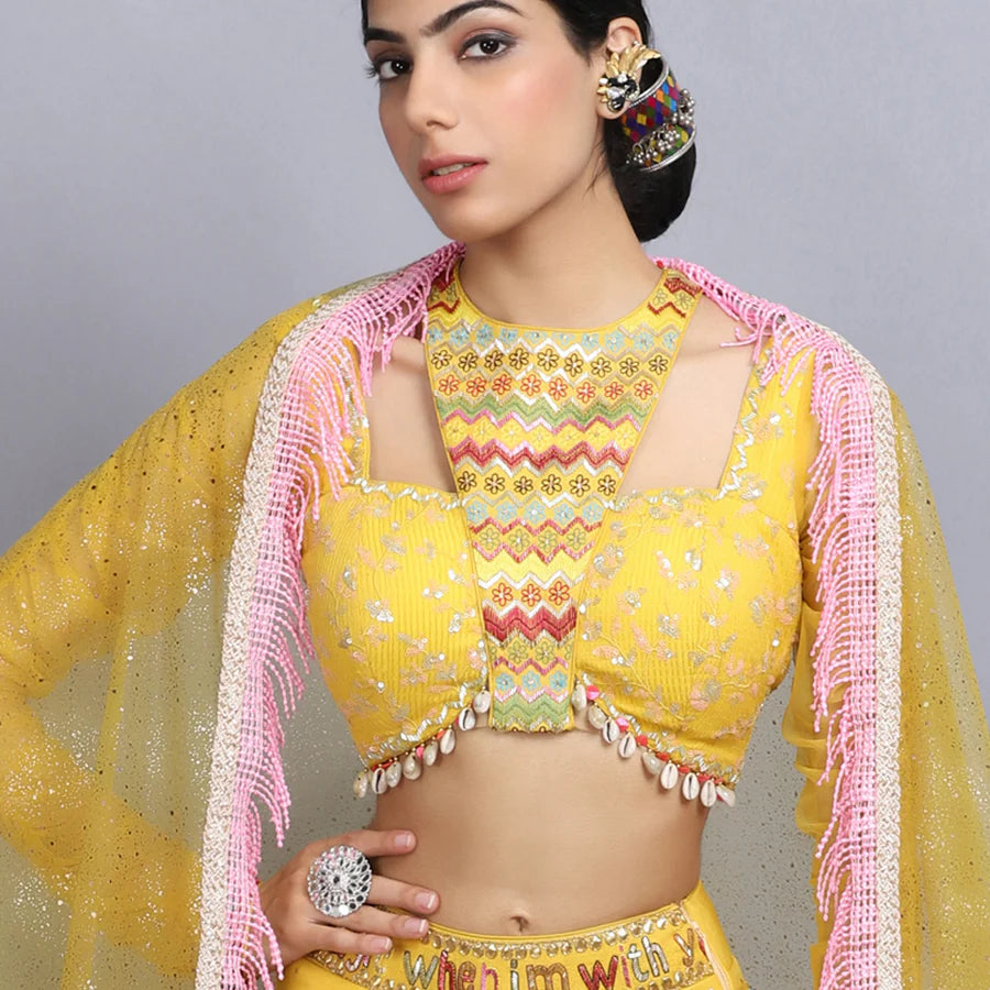 Tanya Narang In Canary Yellow Handpainted Lehenga Set